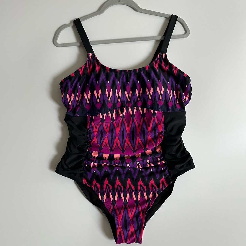 Ava & Viv Womens 16W Black Purple Geometric Print Padded One Piece Swimsuit